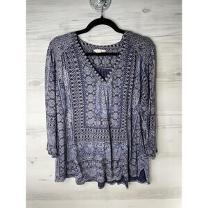 Lucky Brand Shirt Womens 1X Boho Paisley Floral Knit 3/4 Sleeve Tunic Top